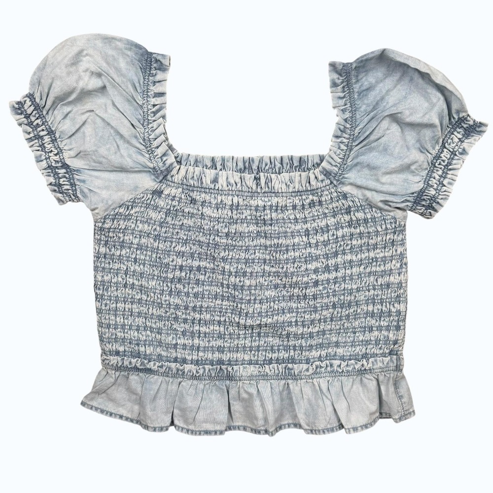 American Eagle Outfitters Blouse Womens M Blue Chambray Smocked Crop Puff Sleeve